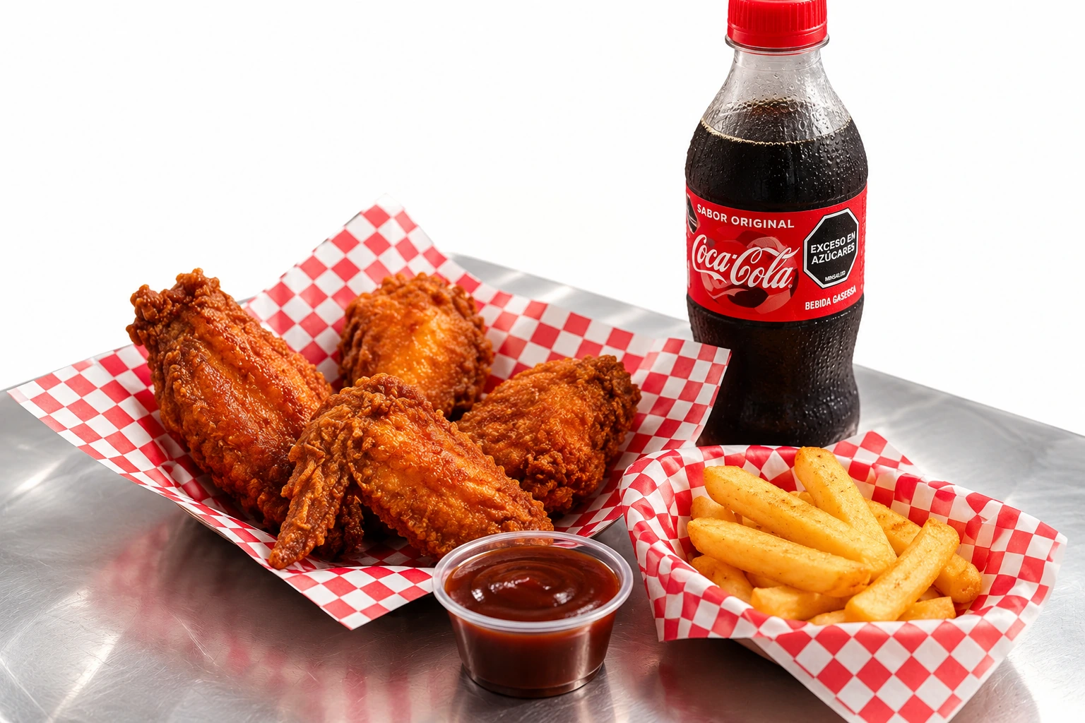 Combo personal de 2 presas de pollo broaster con papas y salsas