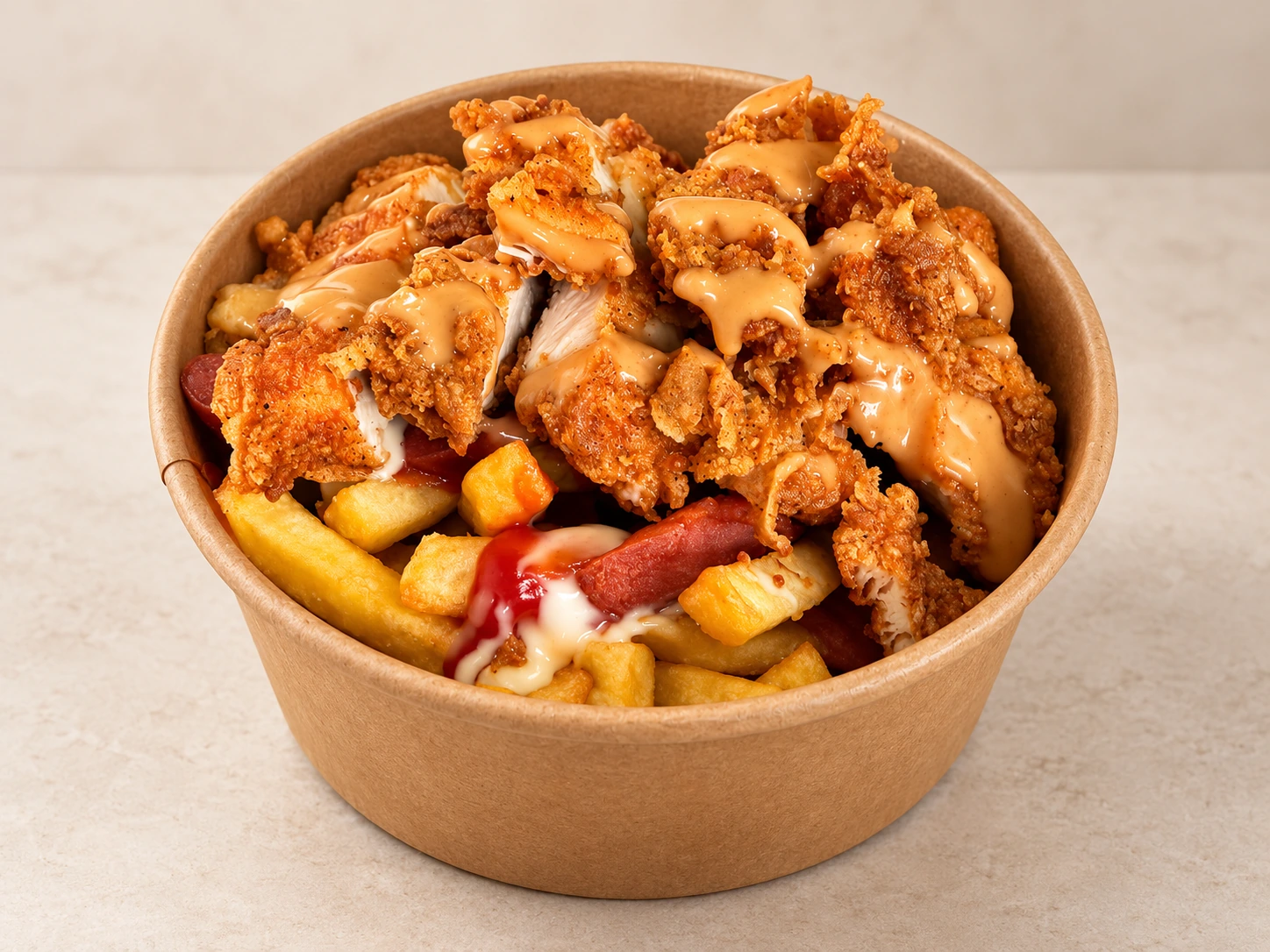 Salchibroaster con papas fritas, salchicha y pollo broaster