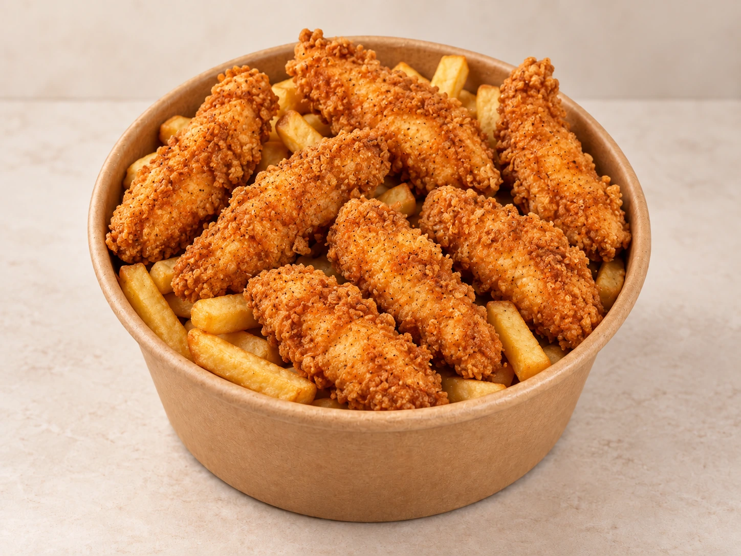 Tenders de pechuga broaster con papas fritas
